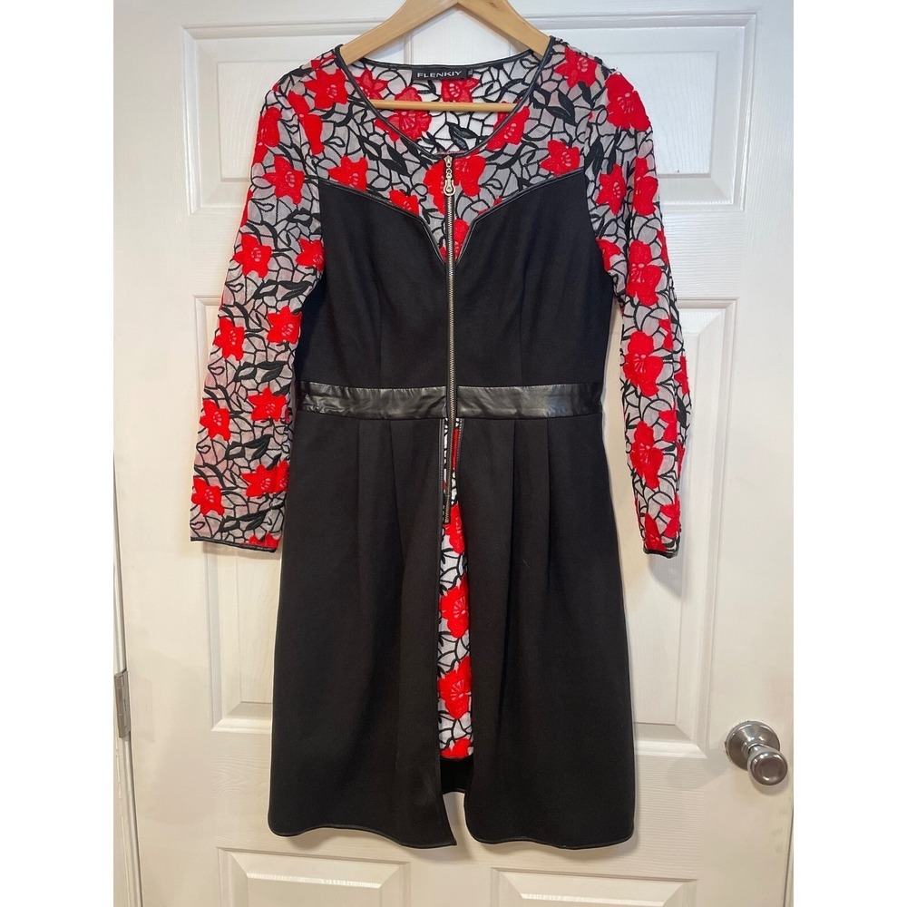 FLENKIY Red Black Palestinian Short Dress Rose Floral Embroidered Long Sleeve L